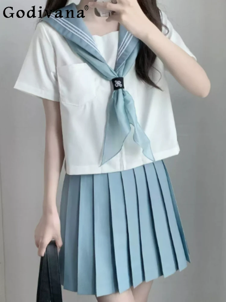 

Spring Summer JK Light Blue Long Short Sleeve Navy Collar Skirt Fashion Girl High Waist A-line Age-reducing Skirts Japanese Sets
