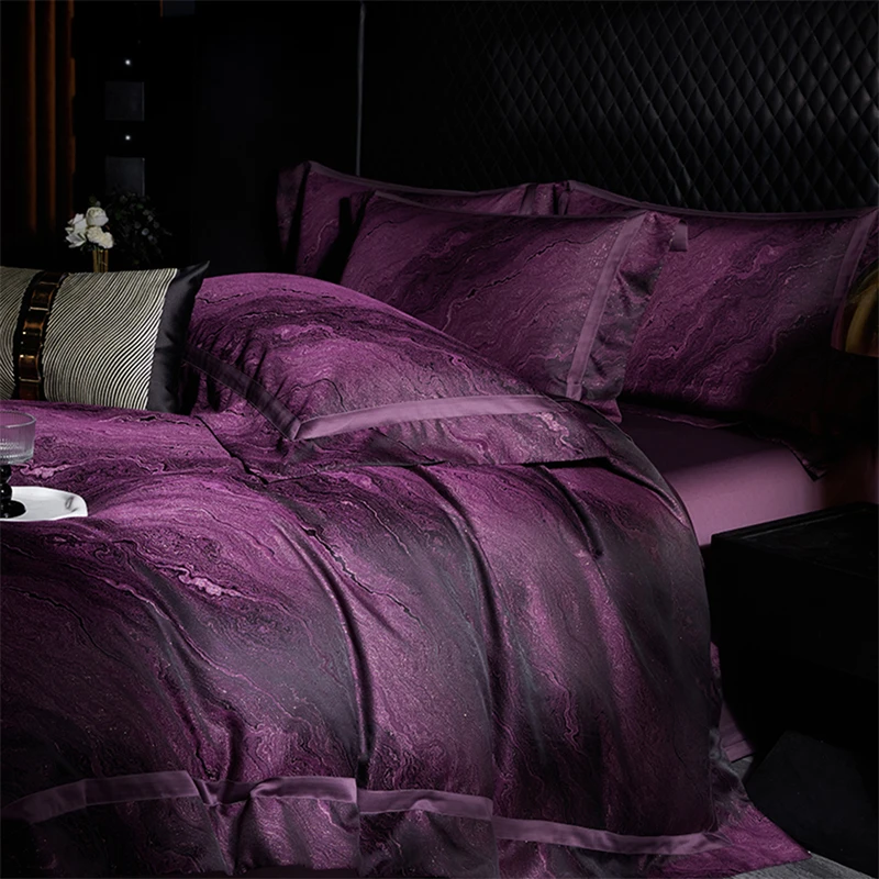 1000TC Egyptian Cotton Satin Jacquard Luxury Queen King Size Purple Bedding Set Duvet Cover Flat/Fitted Sheet Pillowcases 4Pcs