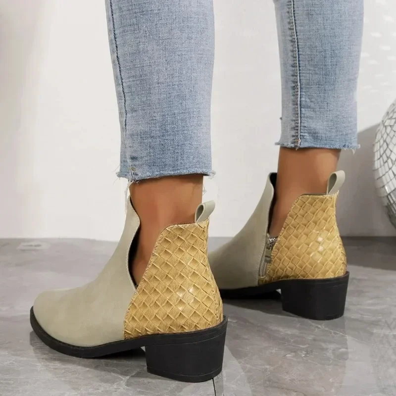 Suede Zipper Ankle Boots for Women 2023 Autumn Pointed Women Shoes Woven Patchwork Female Boot Concise Square Heel Chelsea Boots