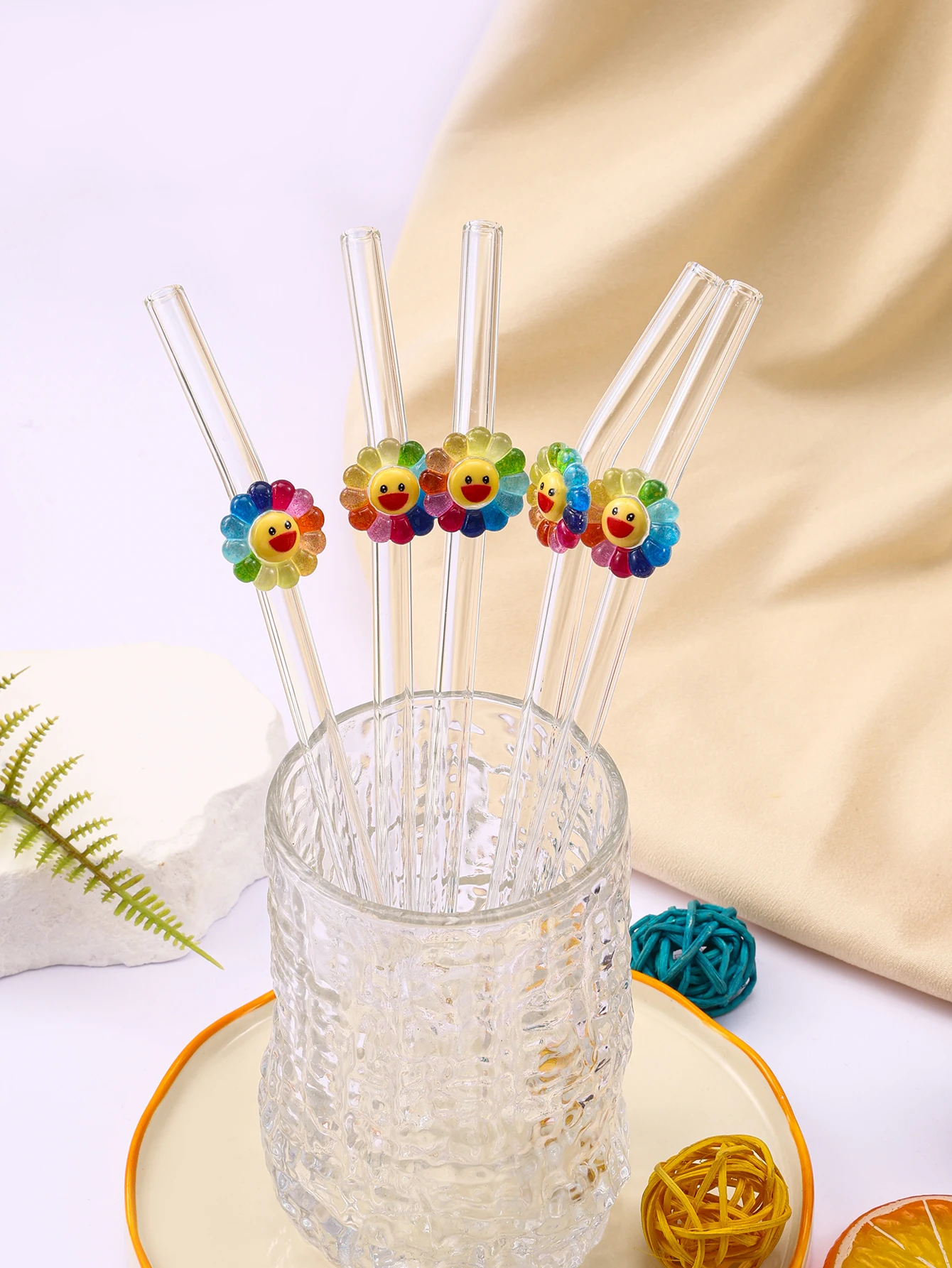 1/2/4/7PCS Sunflower Glass Straw, Vibrant Reusable Bent Stra
