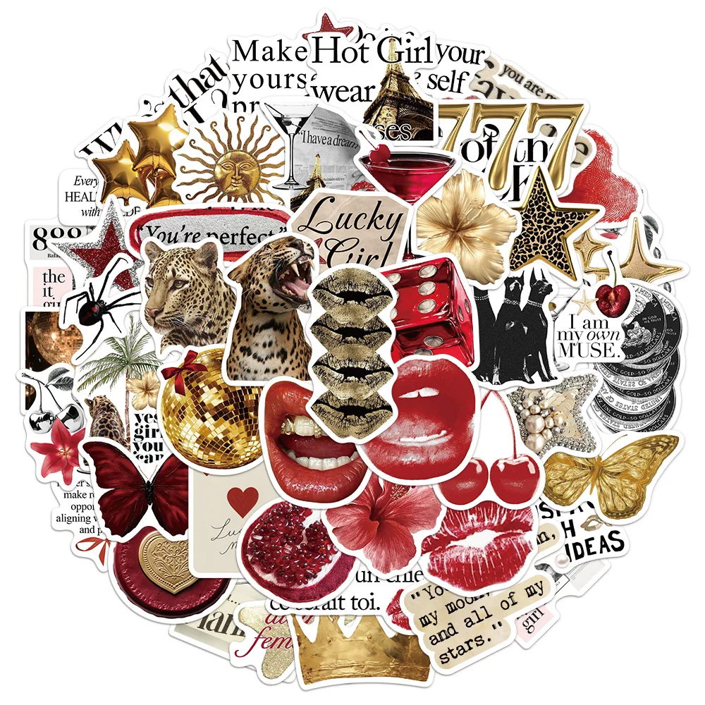 50PCS Gold&Red Series Sticker Set DIY Phone Case Laptop Guitar Computer Decoration Waterproof Stickers