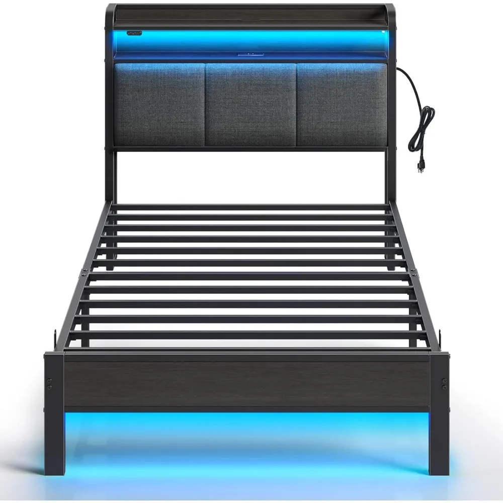 Bed Frame Twin Size with Charging Station and LED Lights, Upholstered Headboard with Storage Shelves, Heavy Duty Metal Slats