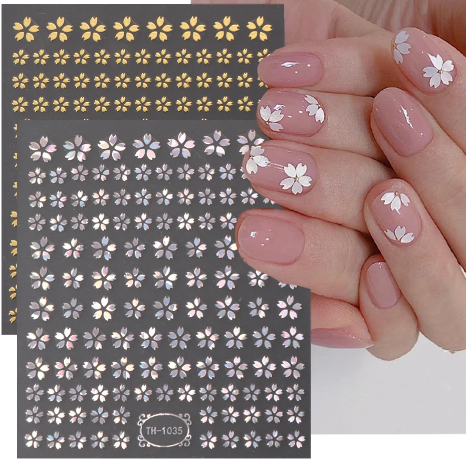 Laser Sakura Flower 3D Nail Sticker Holographic Foils Decals Snake Star Heart Adhesive Sliders Cherry Blossom Manicure