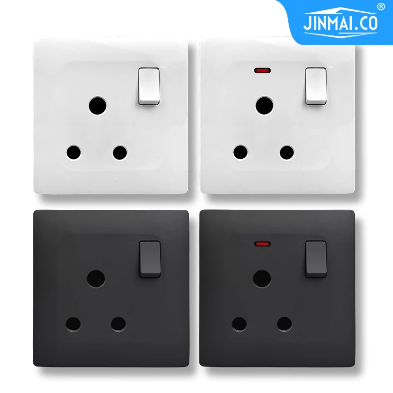 

Jinmai UK Standard 15A Настенная розетка, черно-белая панель для протяжки ПК/проволоки, британская индийская розетка с выключателем и подсветкой