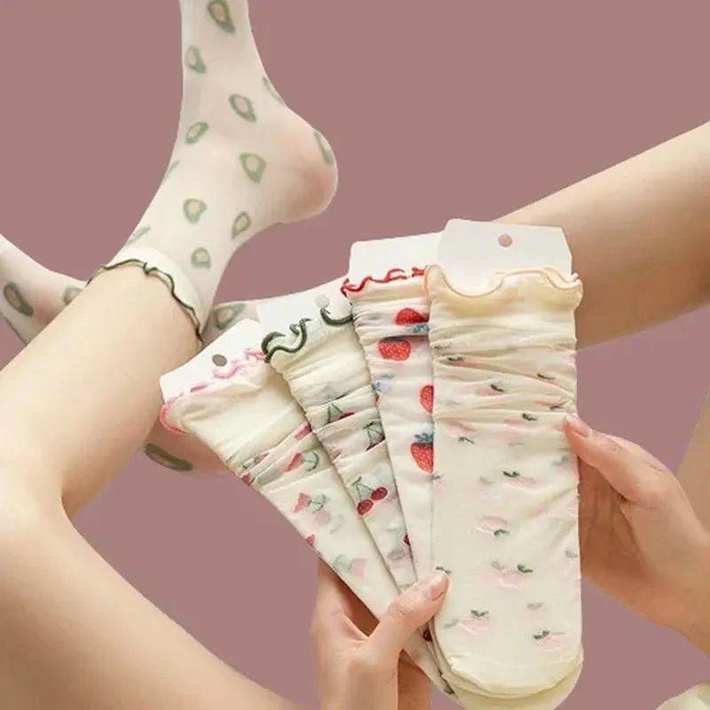 5/10 Pairs Thin Cotton Socks Ice Shreds Breathable Shallow Invisible Split-Toe High Quality Women's Fruit Socks Pattern Socks