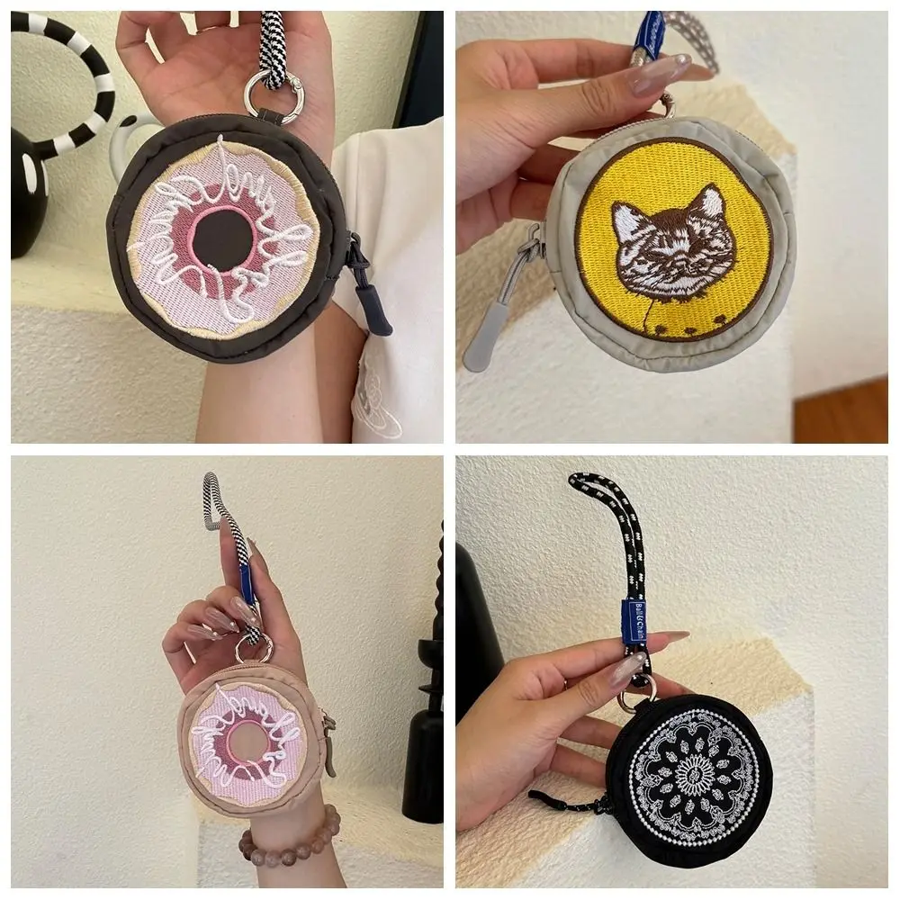 Bolsa de cambio, Mini monedero bonito con cuerda, Donut, llavero de nailon, billetera, bolsa para auriculares bordada con cremallera de gato para exteriores