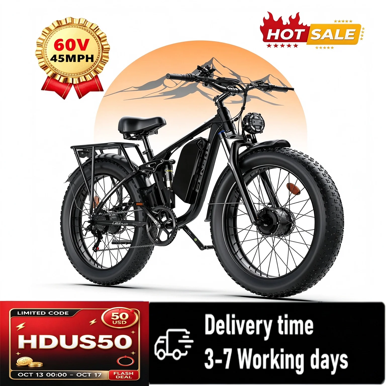 FENGQS Q8 PLUS Dual Motor Electric Bike for Adults, Peak 6000W 60V 1200Wh Removable Battery, 40-100 Miles Long Range Fat Tire E-Bike, Full Lockable Suspension, 7 Speed, 4+2 Riding Modes, 45MPH, 40° Climbing Off Road Electric Bicycle US Warehouse`