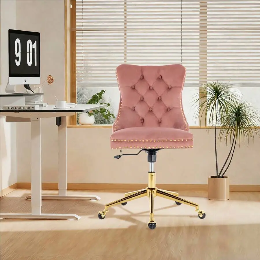 Furniture Office Chair,Velvet Upholstered Tufted Button Home Office Chair With Metal Base,Adjustable Desk Chair Swivel Office Ch