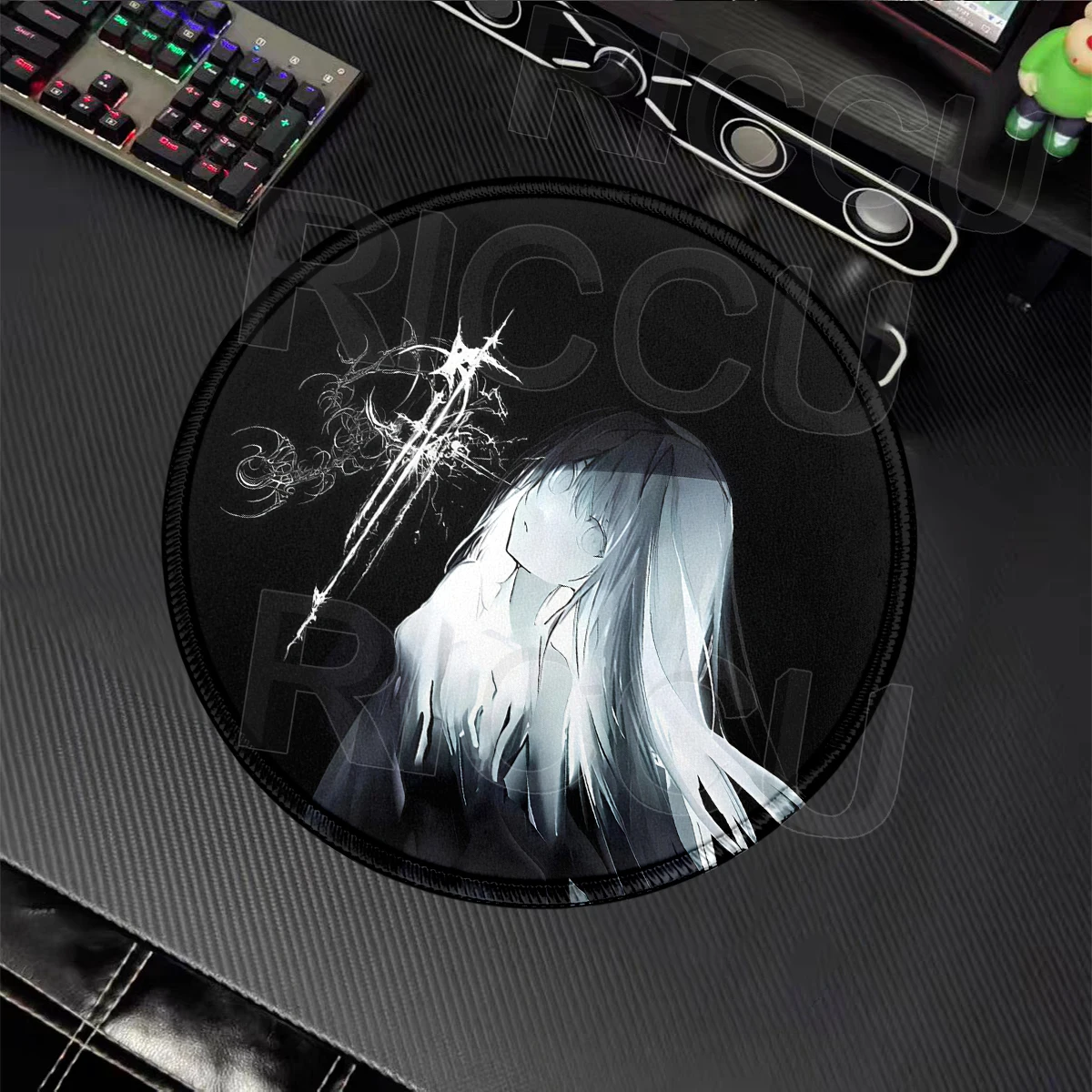 Anime Gothic Girl Black Mouse Pad Non-Slip Round Desk Mat Stitched Edge Gaming Laptop Keyboard Pads HD Office Rug PC Accessories