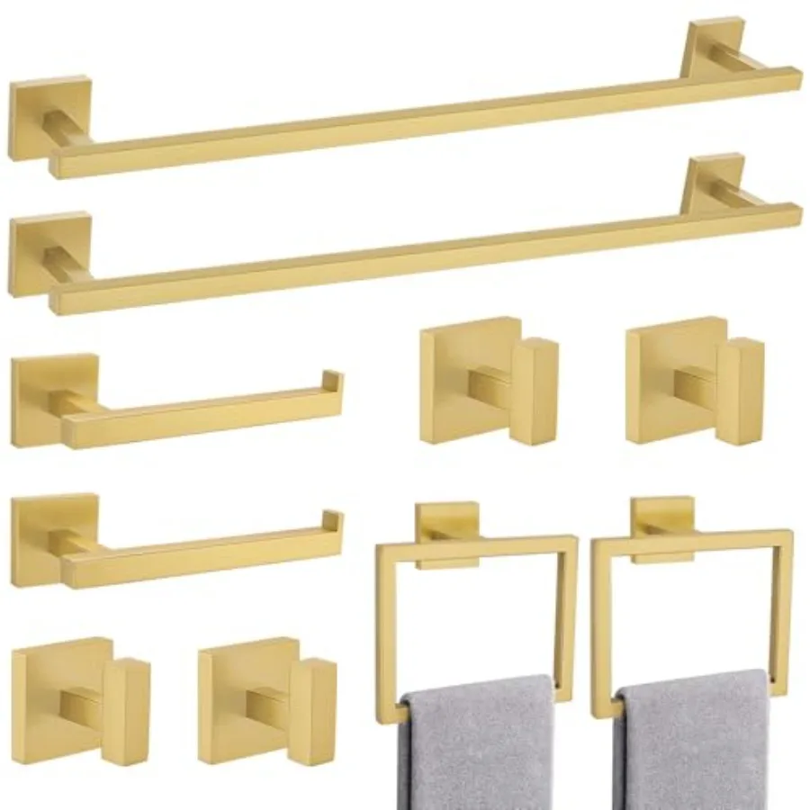 

Brushed Gold Bathroom Hardware Accessories Set 10 Pieces 23.6" SUS304 Stainless Steel Towel Bar Set Wall Mounted Includes Sin