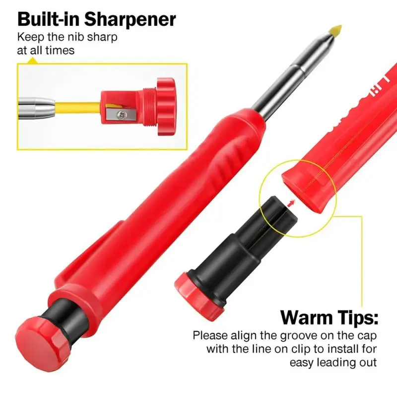 Solid Carpenter Pencil With Refill Lead And Built-in Sharpener For Deep Hole Mechanical Pencil Scribing Marking Tool Woodworking