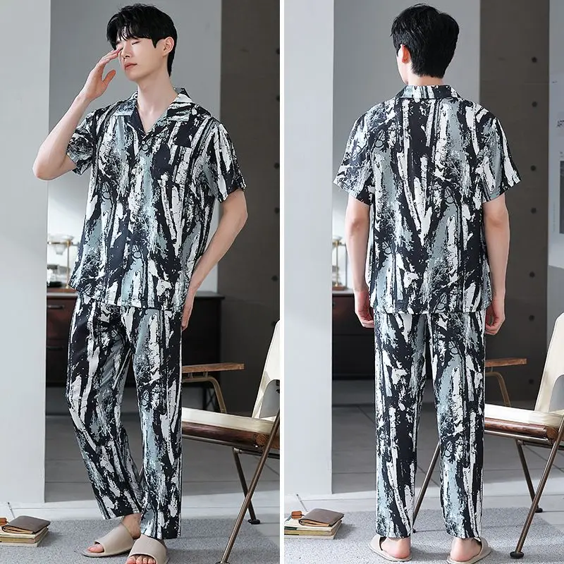 Men's High-end Ice Silk Pajamas Are Cool Silky in Summer Trousers Suit Can Be Worn Outside The Student Dormitory Loungewear