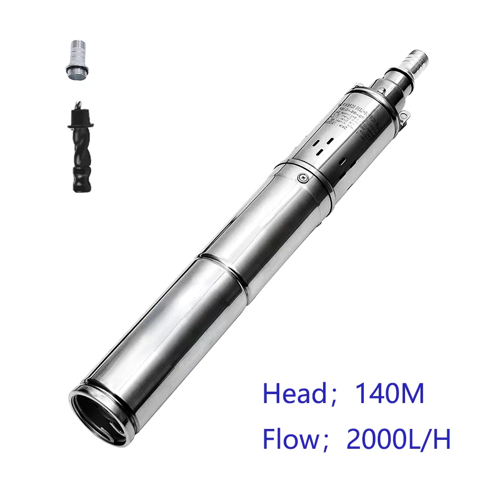 High Head Lift 140M 750W Solar PV Stainless Steel Drilling Submersible pump Max Flow 2000L Per Hour 1HP Solar DC Water Pump