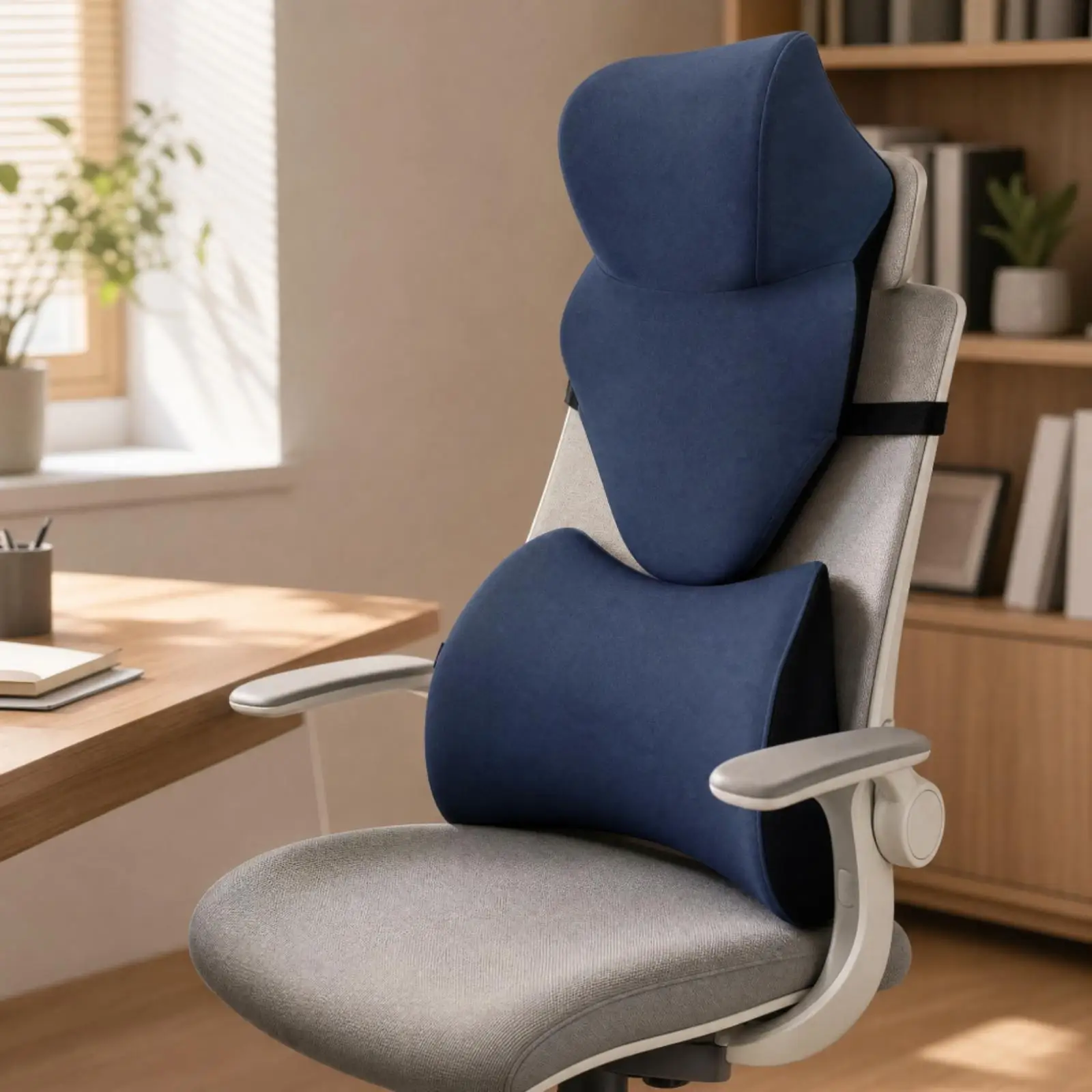 2 Pieces Head and Neck Pillow with Cushion Ergonomic Memory Foam Office Chair Cushion Set Supportive Contoured Neck and Support