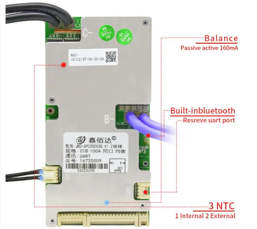 Smart BMS 6S 8S 12S 13S 14S 16S 20S 21S With Bluilt-in Bluetooth 100A Balance Board Uart Function For E-bike Lifepo4 Battery