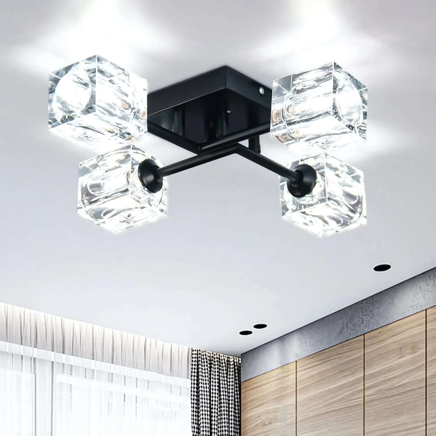 

Винтажная люстра Sputnik с 4 лампами - матовый черный полузаподлицо, современный потолочный светильник для кухни, спальни, гостиной, прихожей