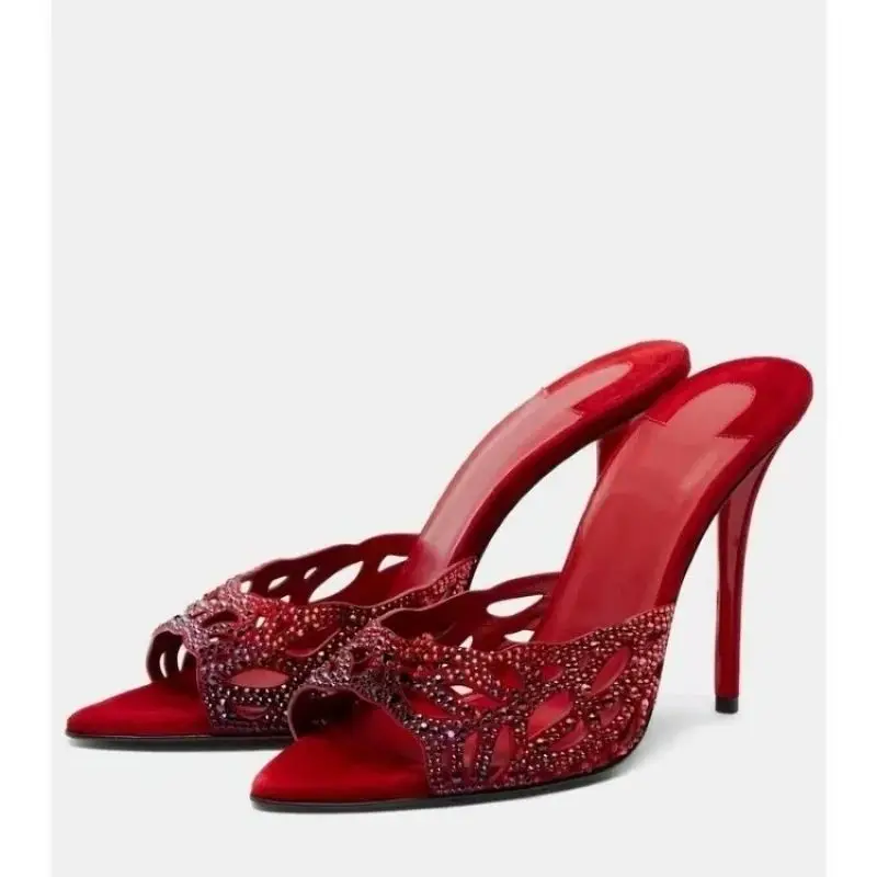 

Qianruiti New Women Size 36-43 Red Black Suede Crystal Slippers Super High Heels Hollow Pumps Luxury Party Zapatillas De Mujer