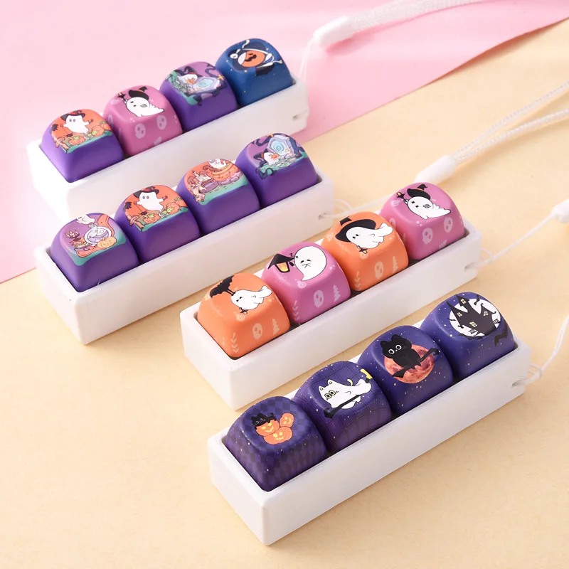Cute Halloween Relaxation Button Keycap, KawaiHalloween 4-Key Keyboard Fidget Toy Friend Gift, Portable Fidget Keychain Fashion