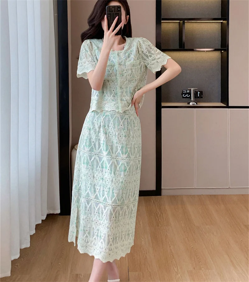 Elegant Pearl Long Dress Suits Women 2 Piece Sets Summer Short Sleeve Flower Embroidery Lace Shirt A Line Midi Skirt Sets