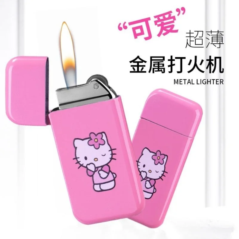 Hello kitty cute lady lighter metal creative grinding wheel open flame creative ultra-thin cigarette lighter trend birthday gift