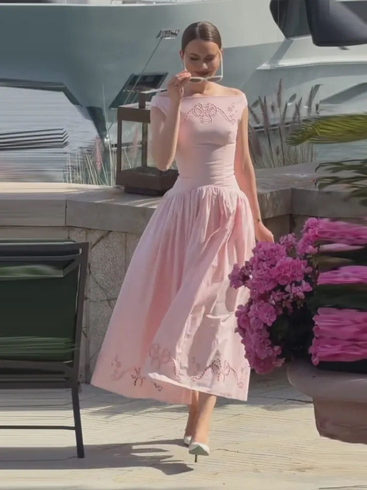 Schulterfreies, besticktes, tailliertes langes Kleid für Damen – Luxuriöses, weit ausgestelltes, schmales Party- und Abendkleid – Elegantes Damen-Vestido Longos – Detail 19