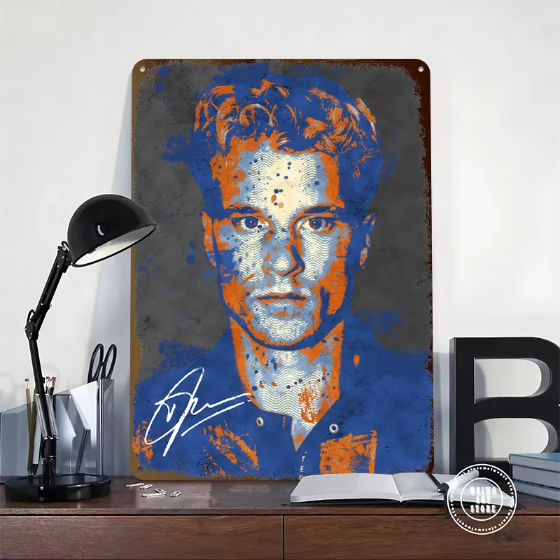 Portrait With Blue and Orange Splatter 3D Printed Texture Poster Personalized Wall Art Retro Metal Tin Signs for Coffee Bar Sign