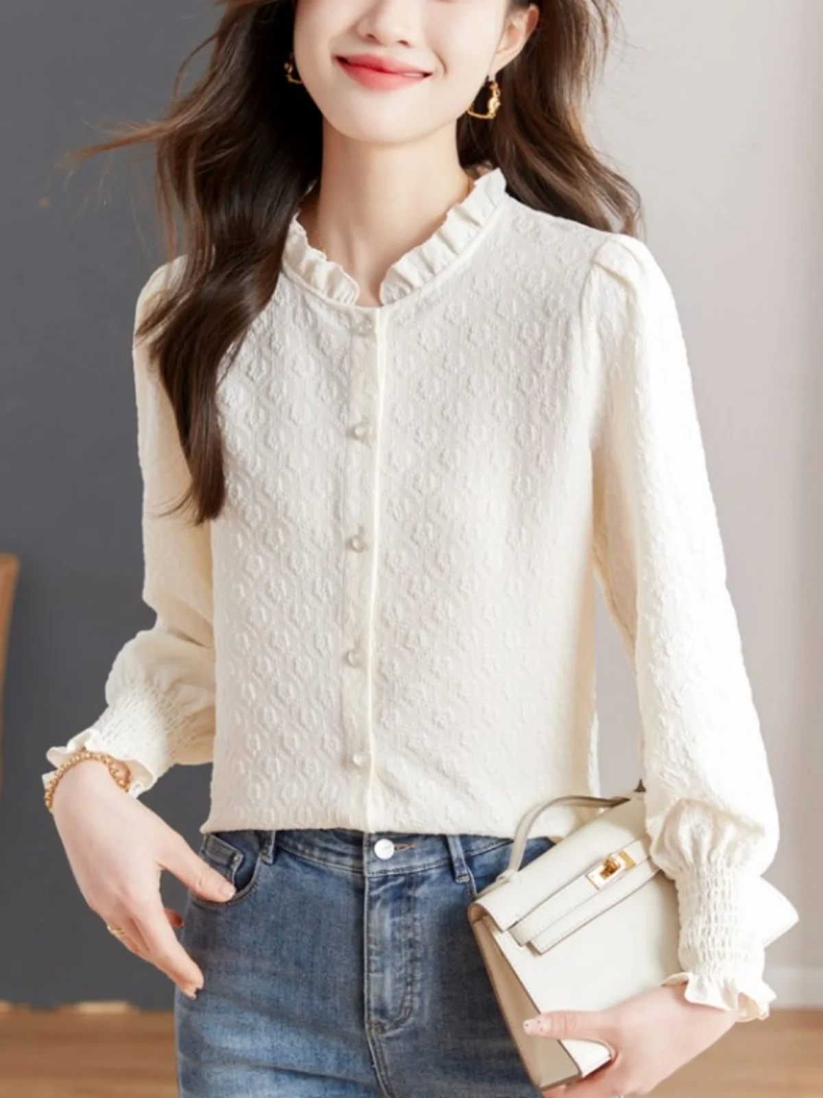 

Autumn Winter Wood ain Ruffle Stand Collar Women's Pure Cotton irt Design Sensation Ele Versatile Long Sve Top