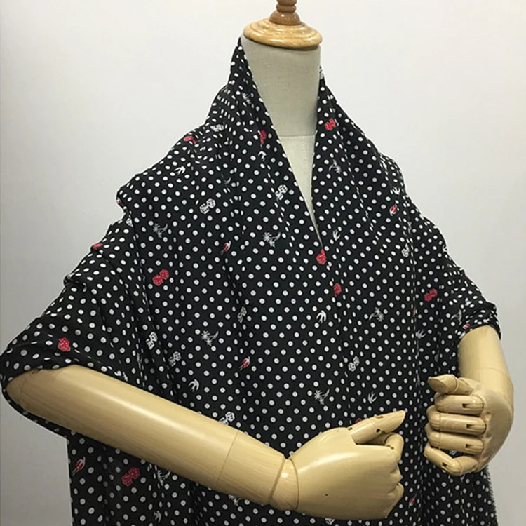 Fashion white polka dot print on black 100% pure mulberry silk crepe de chine fabric 138cm width for girl,SCDC1432