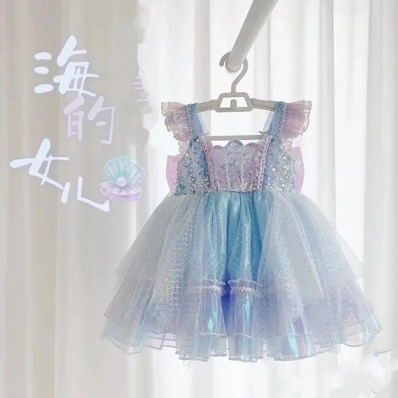 Summer Backless Lolita Ball Gown Dress Girls Kids Sets Princess Shiny Dress Birthday Party Children's Gauze Clothing Bow Sundres