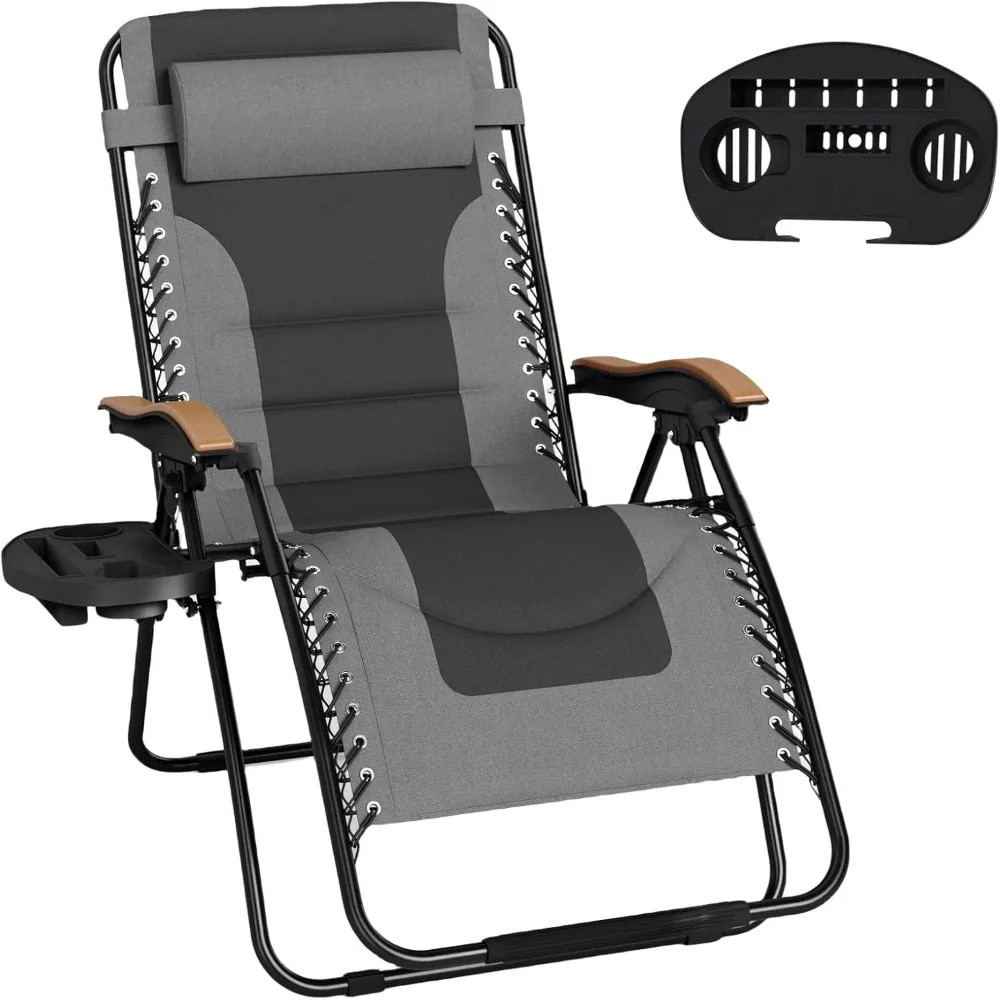 Zero Gravity Chairs, Oversized Patio Recliner Chair, Padded Folding Lawn Chair with Cup Holder Tray, Support 400lbs, Grey