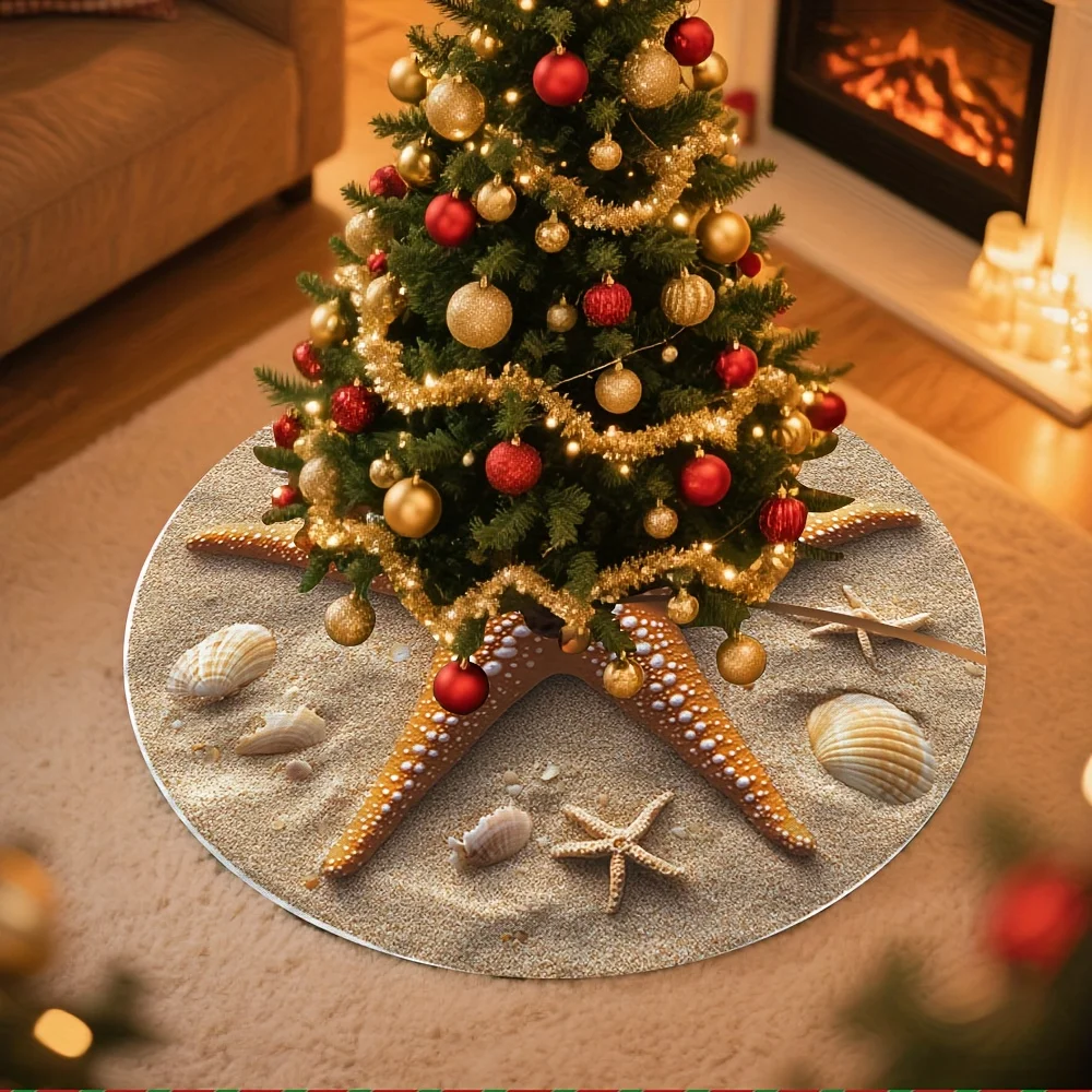 VIKAMA Beach-Themed Christmas Tree Skirt Featuring Realistic Starfish Shells and Sandy Texture Indoor/Outdoor Holiday Decor