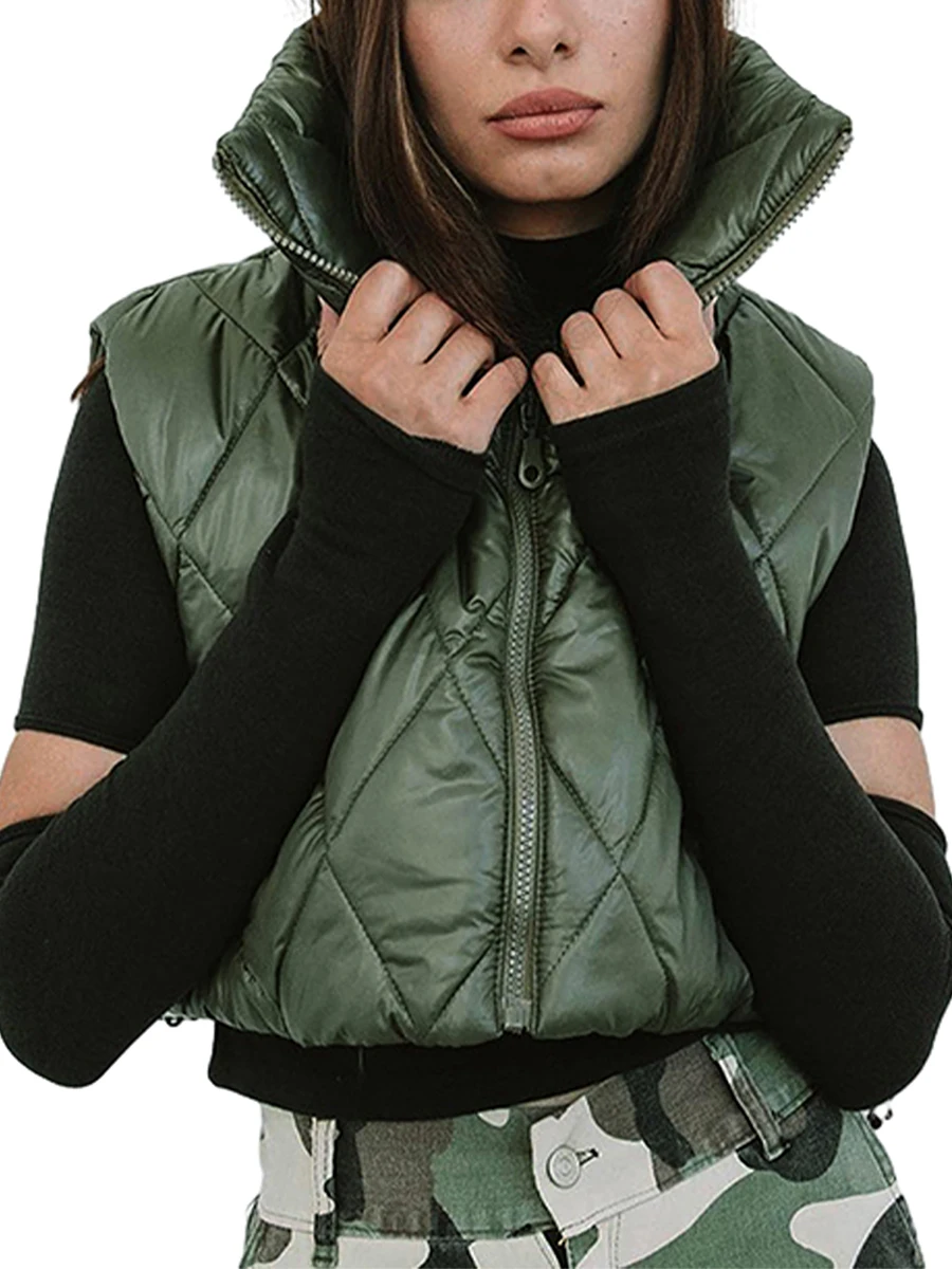 Women s Winter Crop Puffer Vest Stand Collar Lightweight Sleeveless Warm Jacket Outerwear Padded Gilet