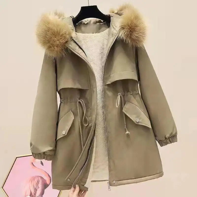 

Big fur Collar Style Overcomes Cotton Jacket for Women 2024 Autumn Winter Mid Long Style New Loose and Plush Thick Women's Coat