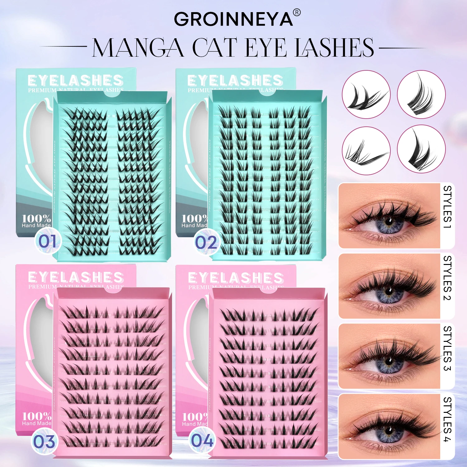 ขนตาปลอม GROINNEYA แบบ Cat Eye สำหรับต่อขนตาเอง แบบกลุ่ม ขนตาปลอมแบบ Manga Cluster นุ่ม ผสมแบบไขว้ ถาดขนตาปลอมธรรมชาติ สำหรับแต่งหน้า