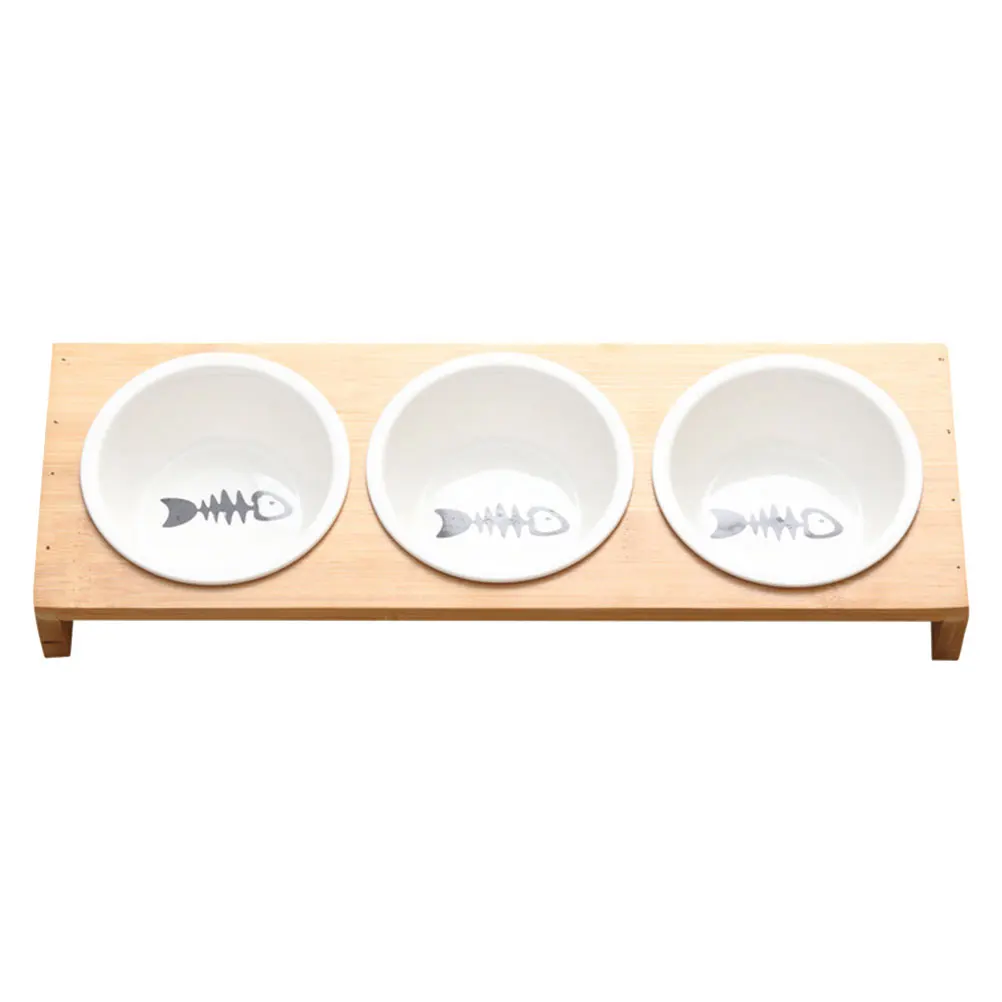 

Elevated Cat Bowl Set Bamboo Stand Ceramic Pet Bowls Durable Easy Clean Unique Shape Bite Resistant Contemporary Design for Pet