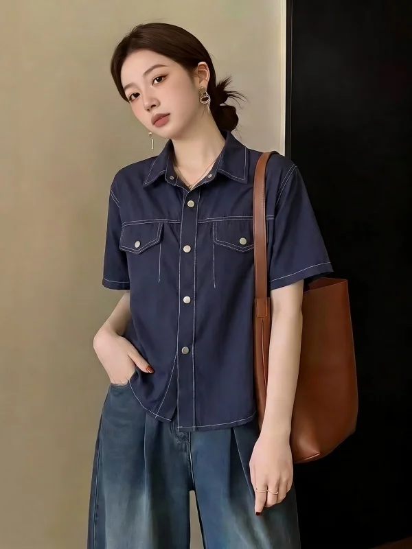 

Dark Blue Denim Shirt Women's Shoulder Length Outerwear Summer New plus Size Fat MM Salt Style Open Cardigan Top