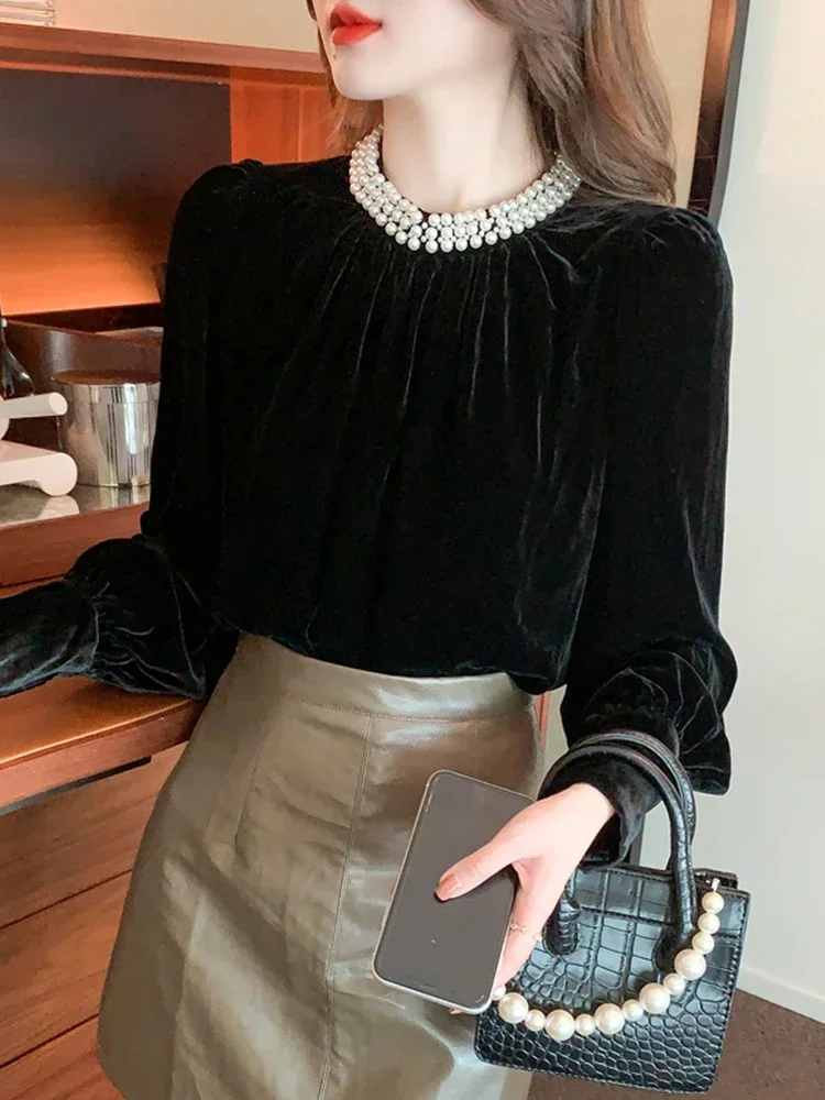 

Fashion Stand Collar Long Sleeve Blouses Loose Lady Blouse Autumn Winter Vintage Velvet Beads Women Black Shirt Elegant