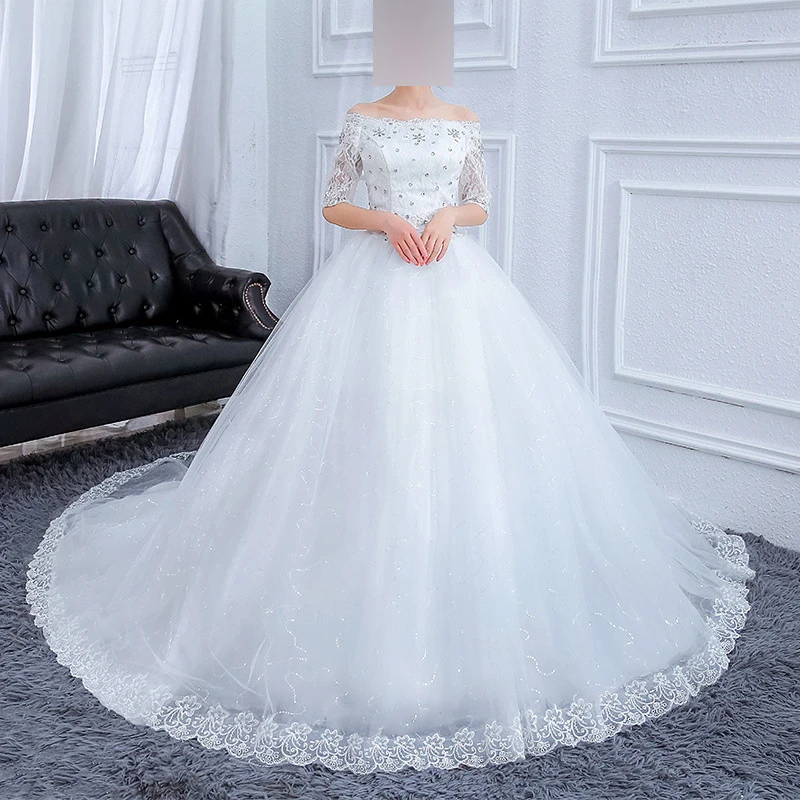 Customized White Ball Gown Court Train Women Wedding Dresses Half Sleeves Bridal Gowns Formal Vestido De Noiva Robe Mariage
