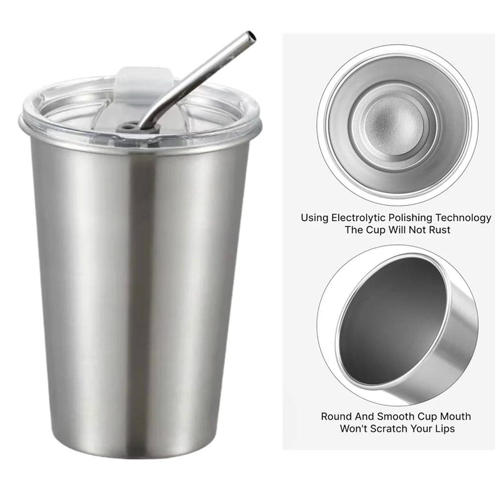 3 Pack  Stainless Steel Cup Pint Cup with Straw Lid for Kids and Adult Tumbler Metal Cup 16oz Drinking Glasses 500ml Home Travel view 3