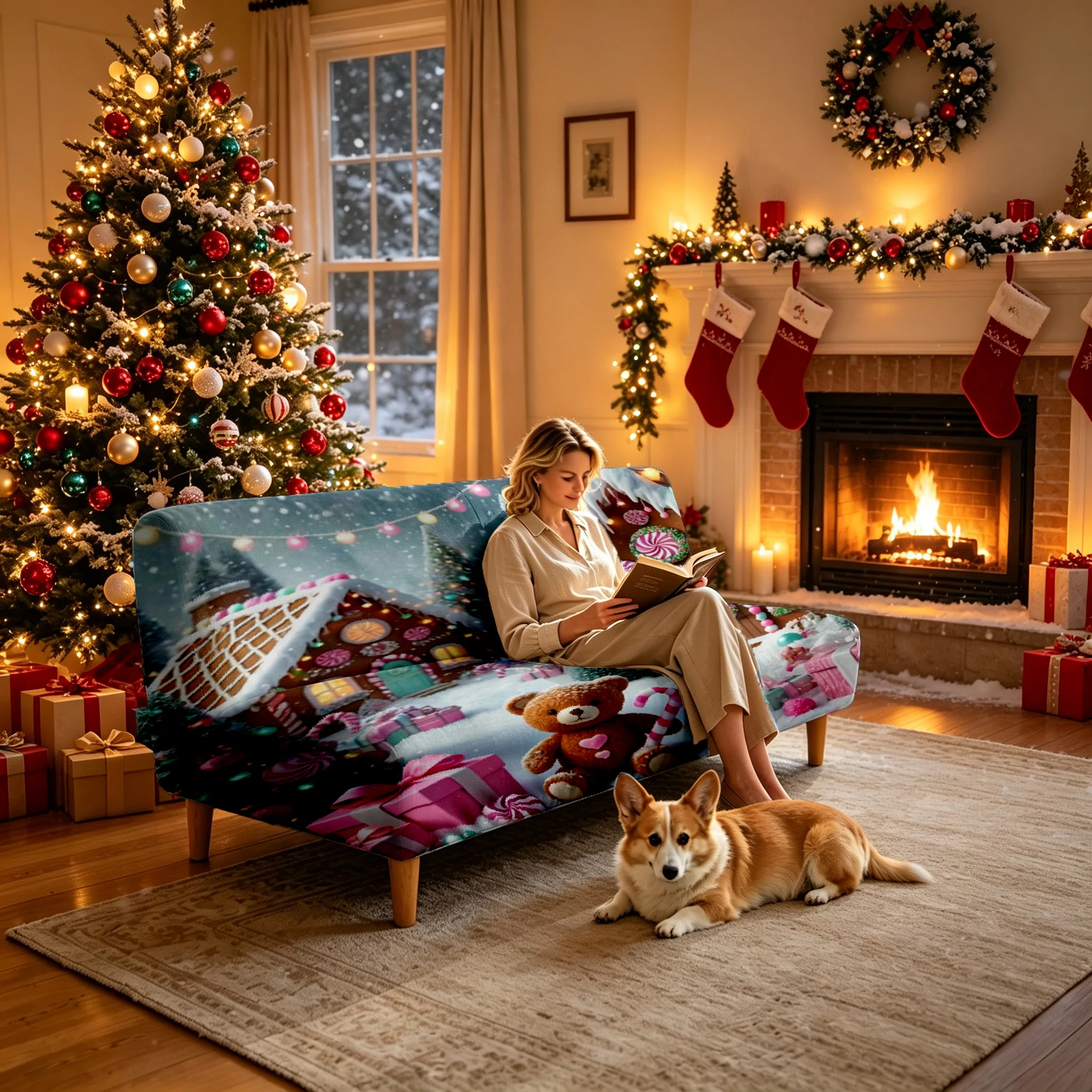 1PC Christmas Gingerbread House Teddy Bear Printed Elastic Folding Sofa Bed Cover, Holiday party Decoration Armless Sofa cover