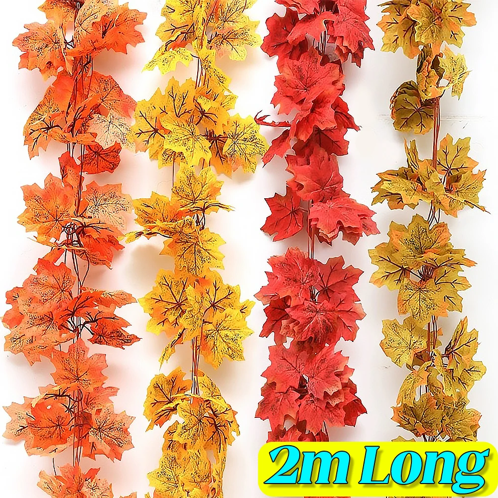 

2024 Artificial Fall Maple Leaves Garland Autumn Red Yellow Fake Lwaf Hanging Fall Vines Thanksgiving Halloween Party Home Decor