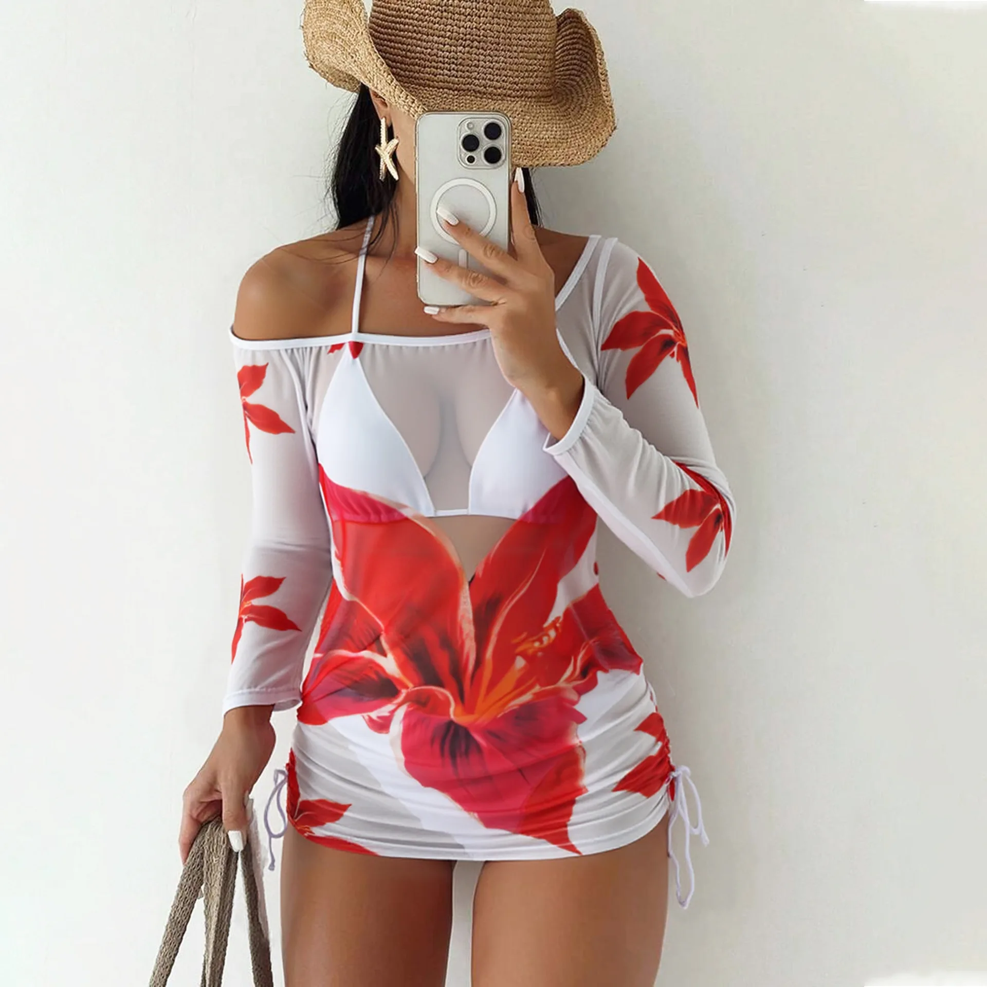 

Женский купальник, стильный и сексуальный, в европейском и американском стиле, с цветочным принтом, женское бикини на шнуровке, летний пляжный комплект из трех предметов