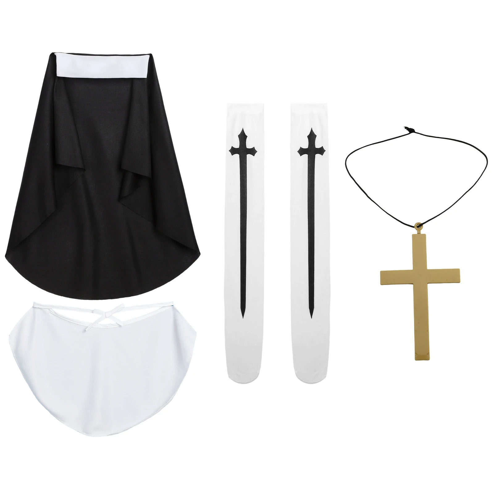 Womens Halloween Nun Costumes Priest Sister Cosplay Party Props Nuns Headdress Collar Cross Necklace Gloves Thigh High Socks