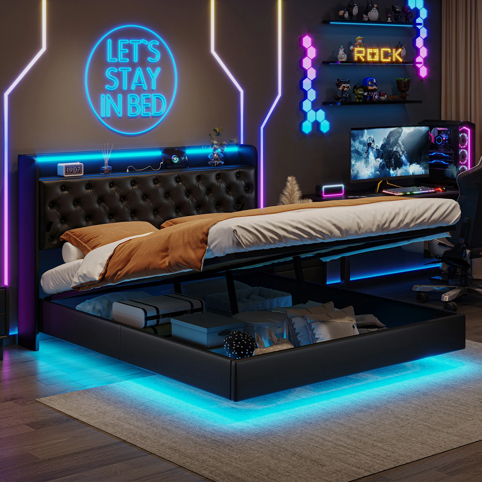 Rosahqnda Polsterbett, Doppelbett mit USB-Ladefunktion, LED-Beleuchtung, Kopfteil mit Stauraum, versteckte Bettfüße, Leder-Finish – Detail 13