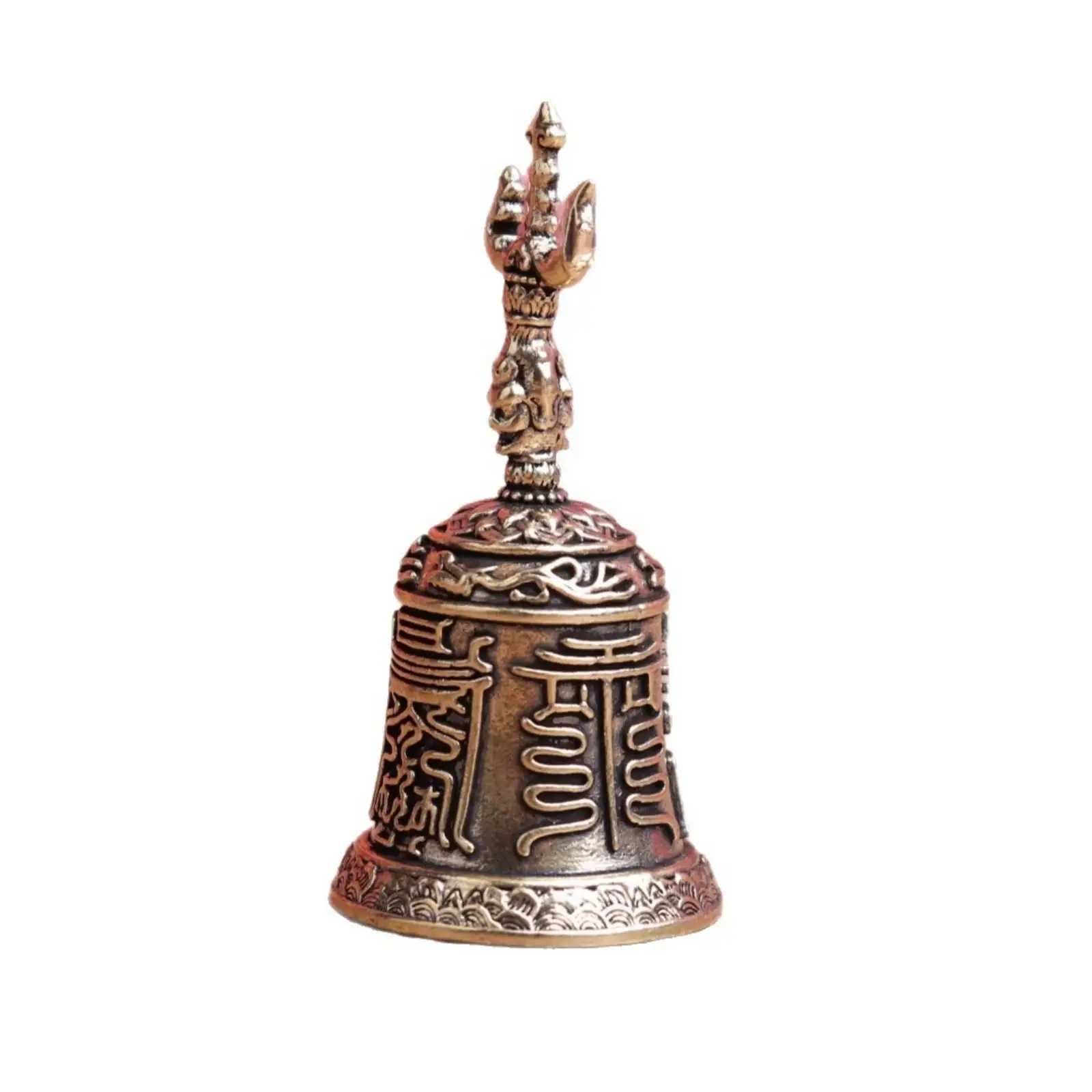 Brass Decorative Bell with Three-Pronged Finial Compact Small Brass Bell with Embossed Relief Decoration for Collectors, Study