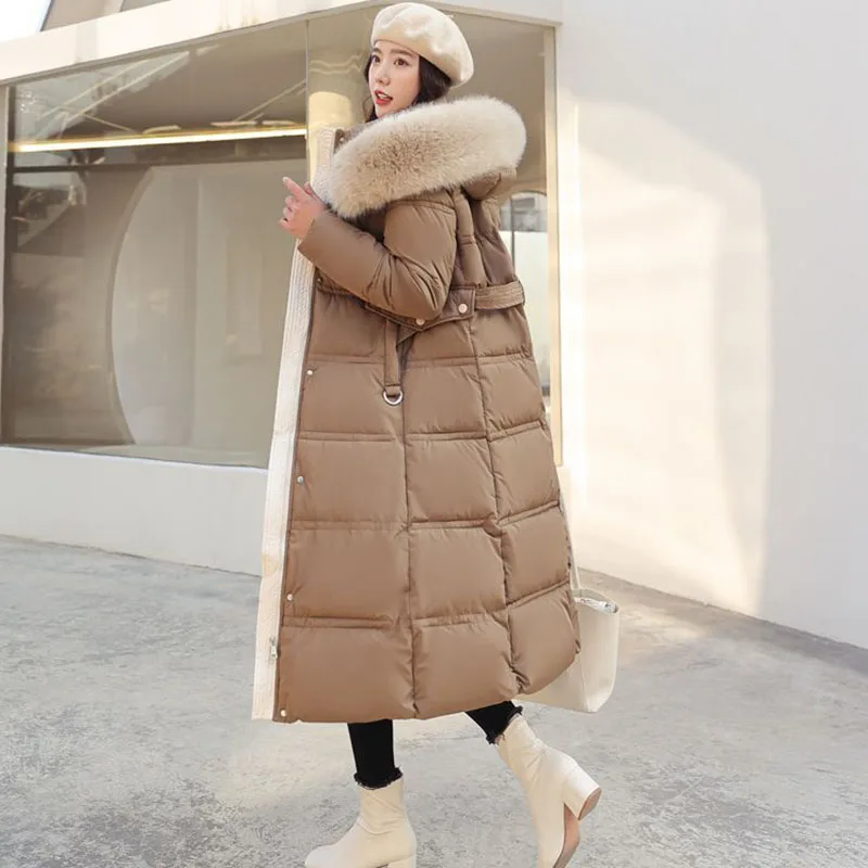 New Women\'s Large Hair-Collar Down Jacket Long Winter Coat Female Korean White Duck Down Coats Snow Hooded Parker Overcoat Black