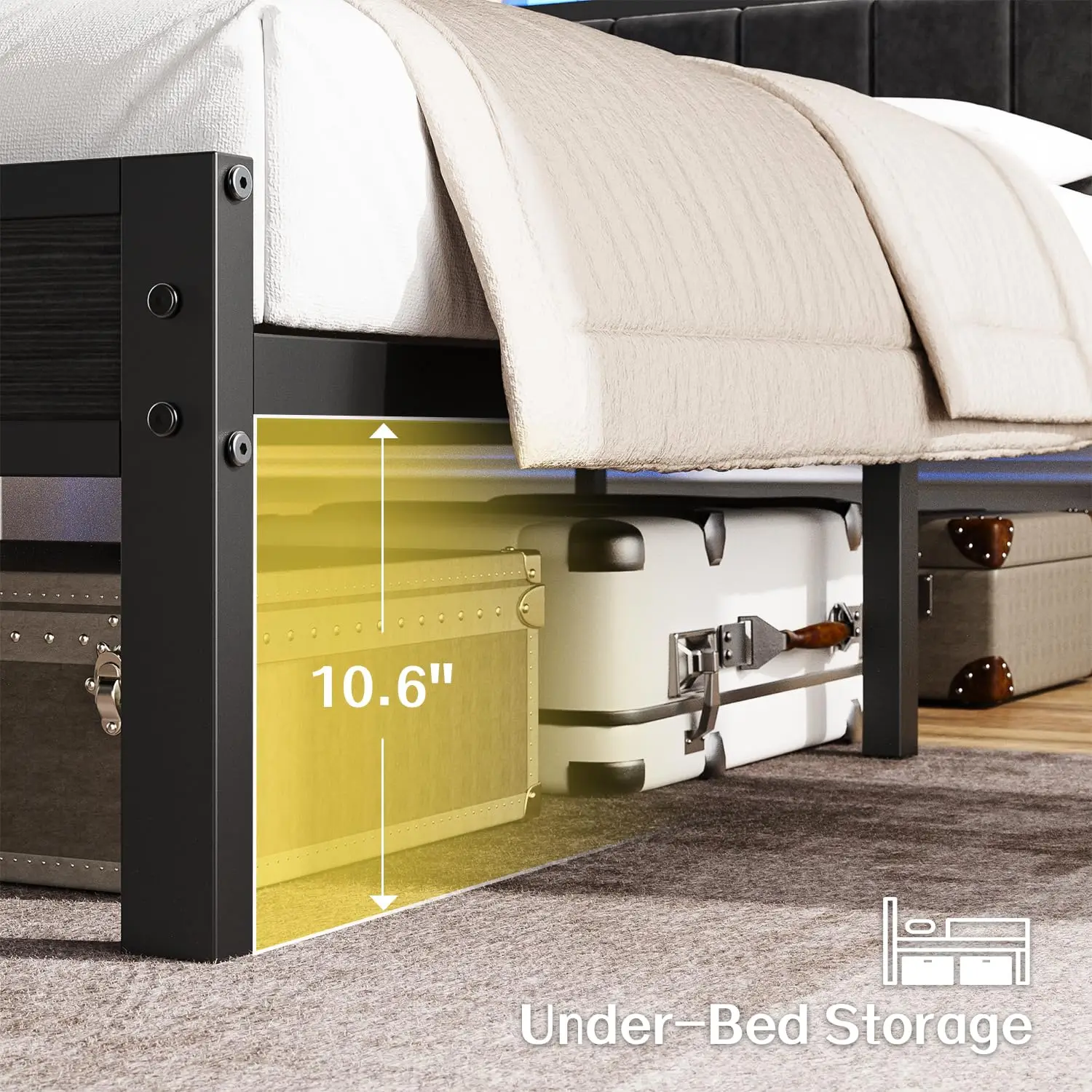 Modern King Size Platform Bed Frame With Upholstered Headboard, Integrated Charging Ports And Ambient LED Lighting, No Box view 6