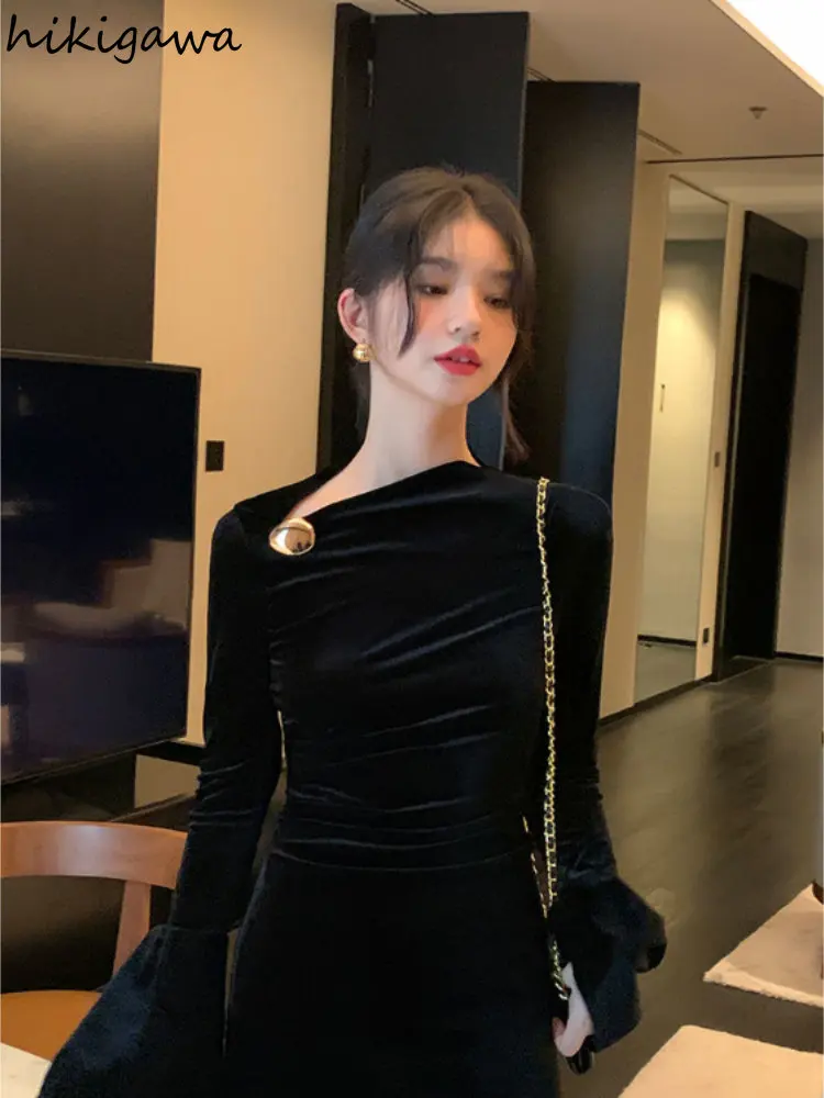 Vintage Maxi Dresses for Women Off Shoulder Temperament Robe Femme Slim Waist Fashion Velvet Black Dress 2023 Vestidos De Mujer