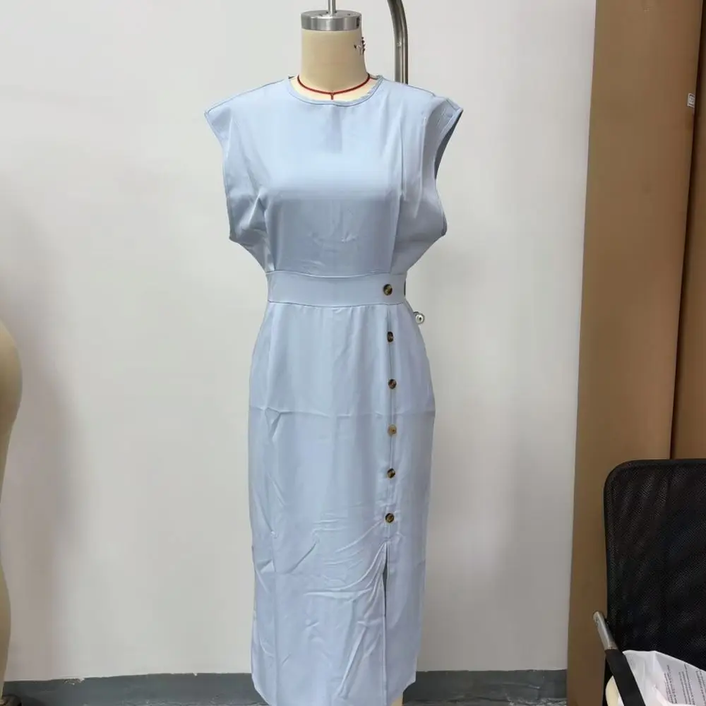 Casual Summer Womens Slim Fit Dress Sleeveless O Neck Split Button Elegant Solid Color Office Work Party Midi Vestidos