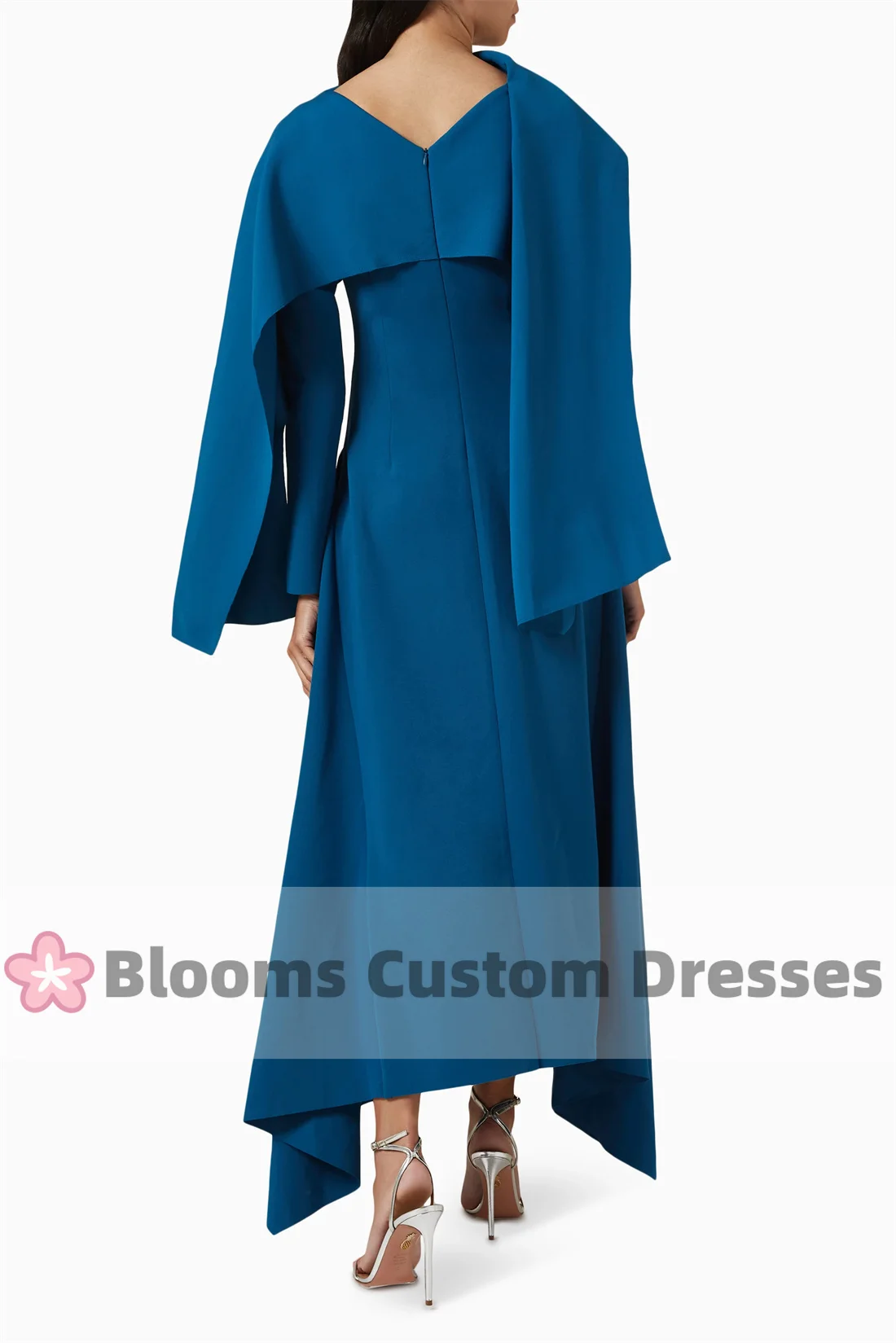 Blooms Customized Long Sleeves Evening Dresses Ankle-Length Formal Party Gown Chic Peacock Green Blue Wedding Prom Dress